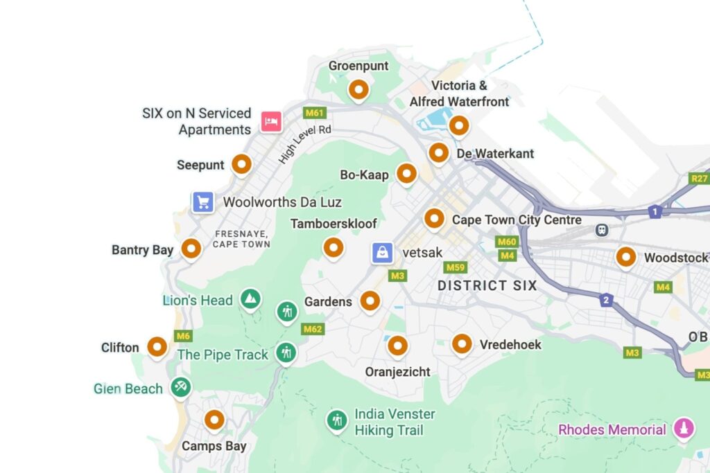 Overzicht Kaart met veilige wijken in Kaapstad 