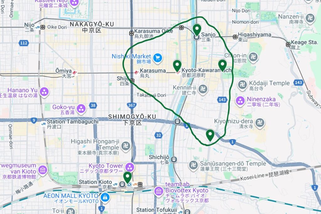 Kaart Kyoto met centrale wijken om te overnachten 