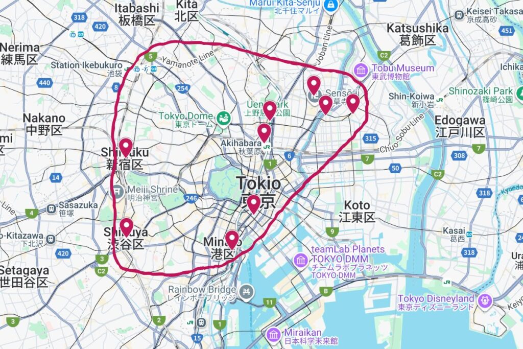 Kaart wijken Tokyo in Japan om een overzicht te krijgen waar je het beste kunt verblijven 