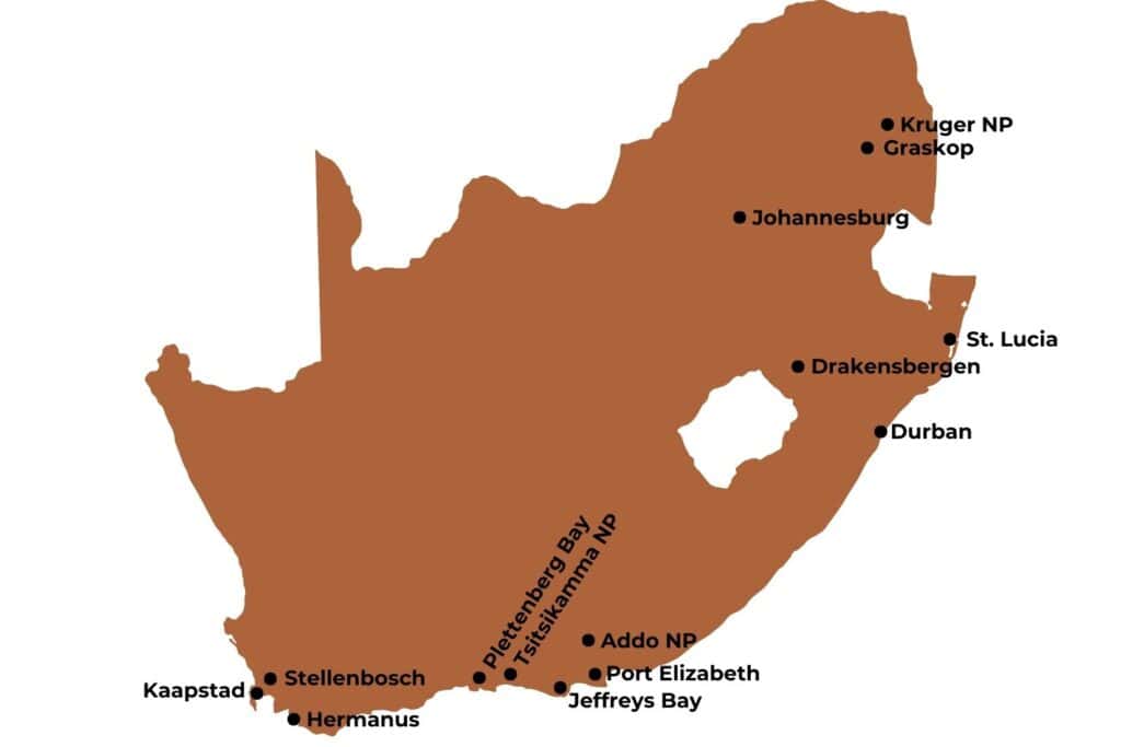 Kaart van Zuid-Afrika met alle bestemmingen om overzicht te krijgen