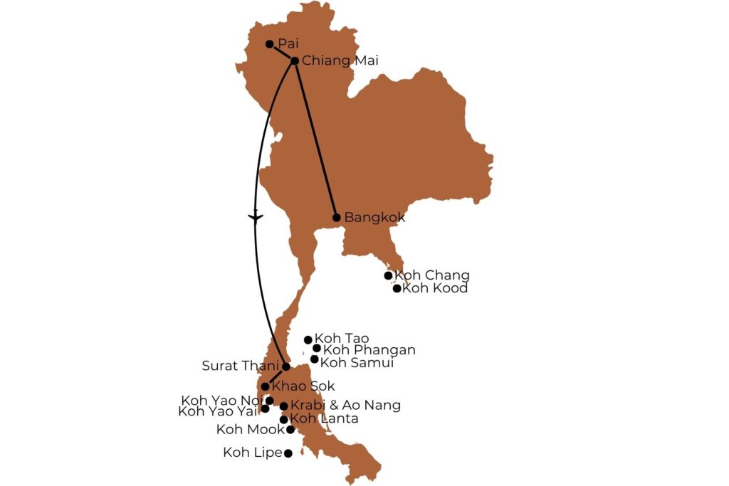 Kaart Route Thailand met eilanden 